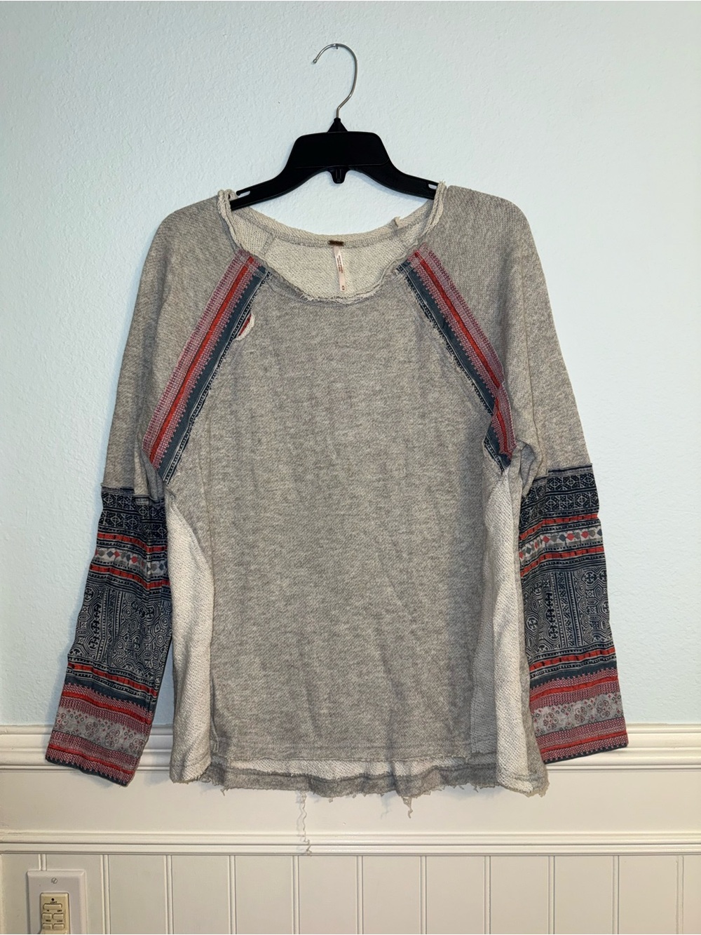 Free People Gray Thermal Top with Red & Blue Printed Sleeves